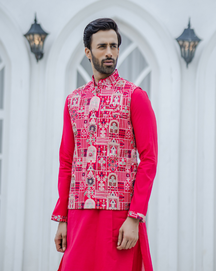 Red Embroided Nehru Jacket Kurta Set