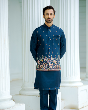 Midnight Blue Embroidered Jacket Kurta Set