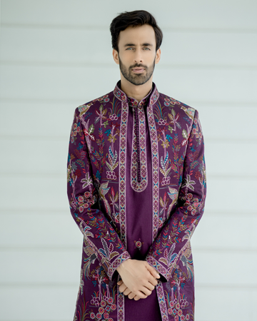 Royal Wine Floral Embroidered Jacket Kurta