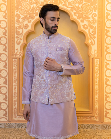Pastel Lilac Embroidered Jacket Kurta Set