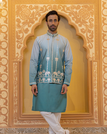 Teal Embroidered Kurta Jacket Set