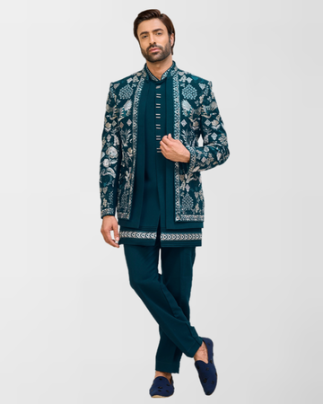 Rama Green Embroidered Indo-Western Sherwani Set for Men
