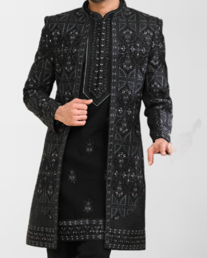 Black Embroidered Indo-Western Sherwani Set