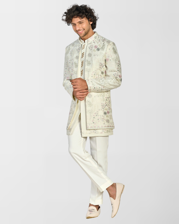 Ivory Embroidered Indo-Western Sherwani Set for Men
