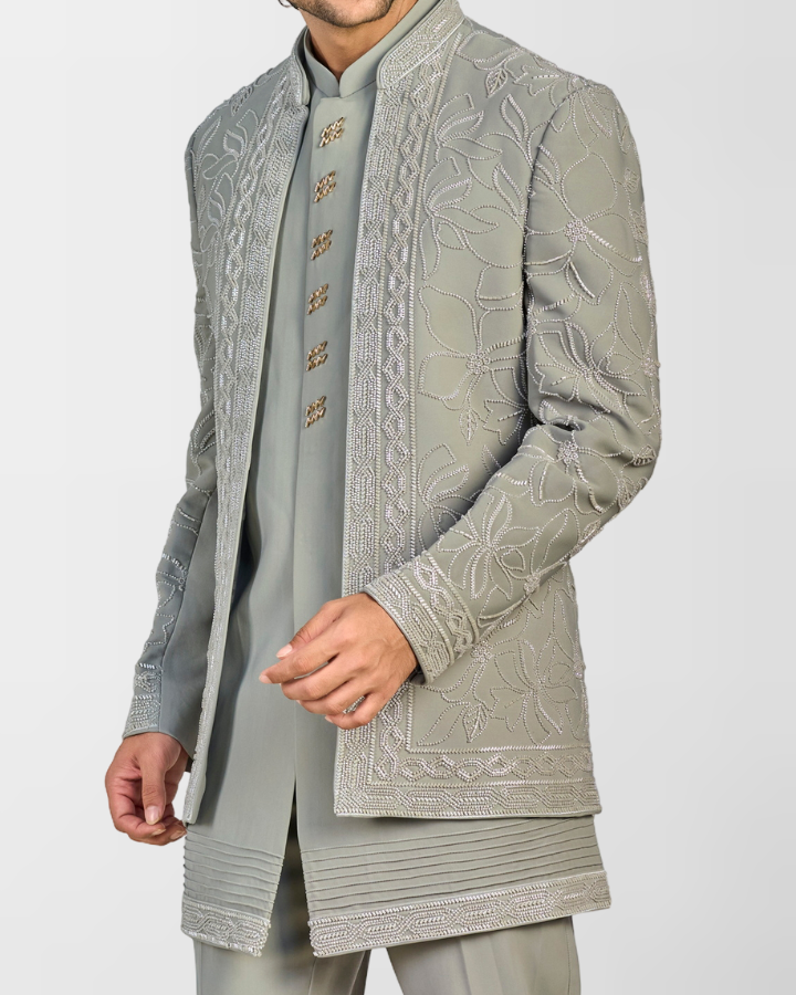 Mist Grey Textured Indo-Western with Embroidered Detailing
