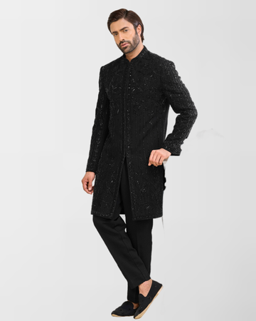 Black Hand-Embroidered Long Sherwani Set for Men