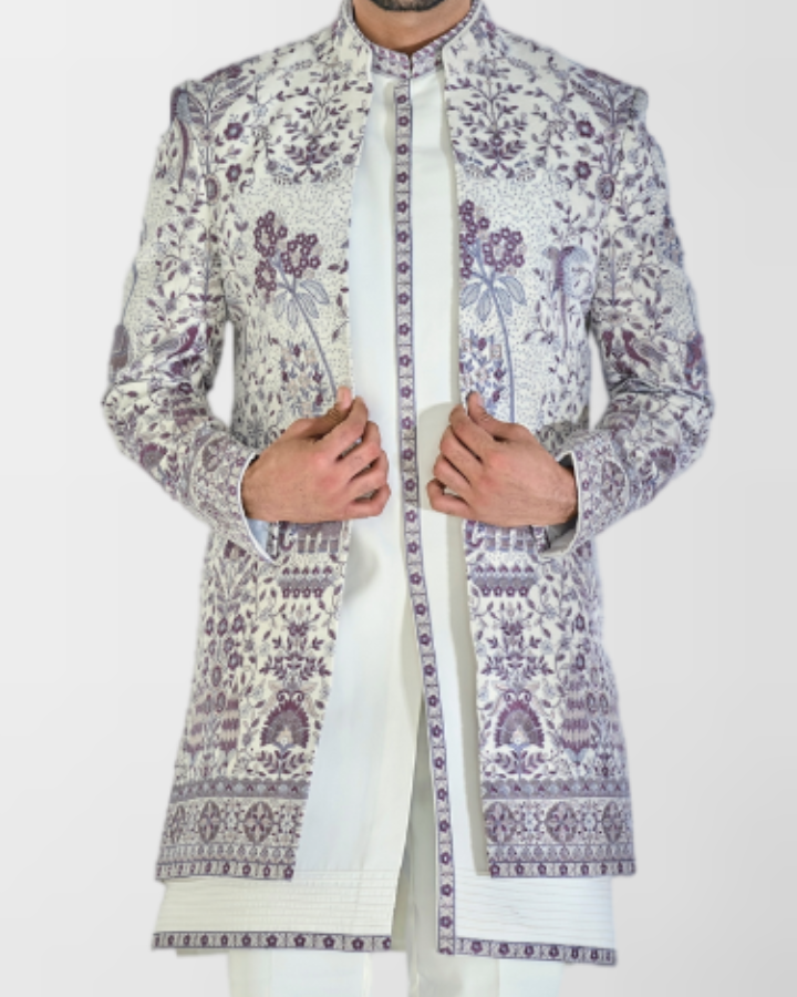 Cream Embroidered Indo-Western Sherwani Set