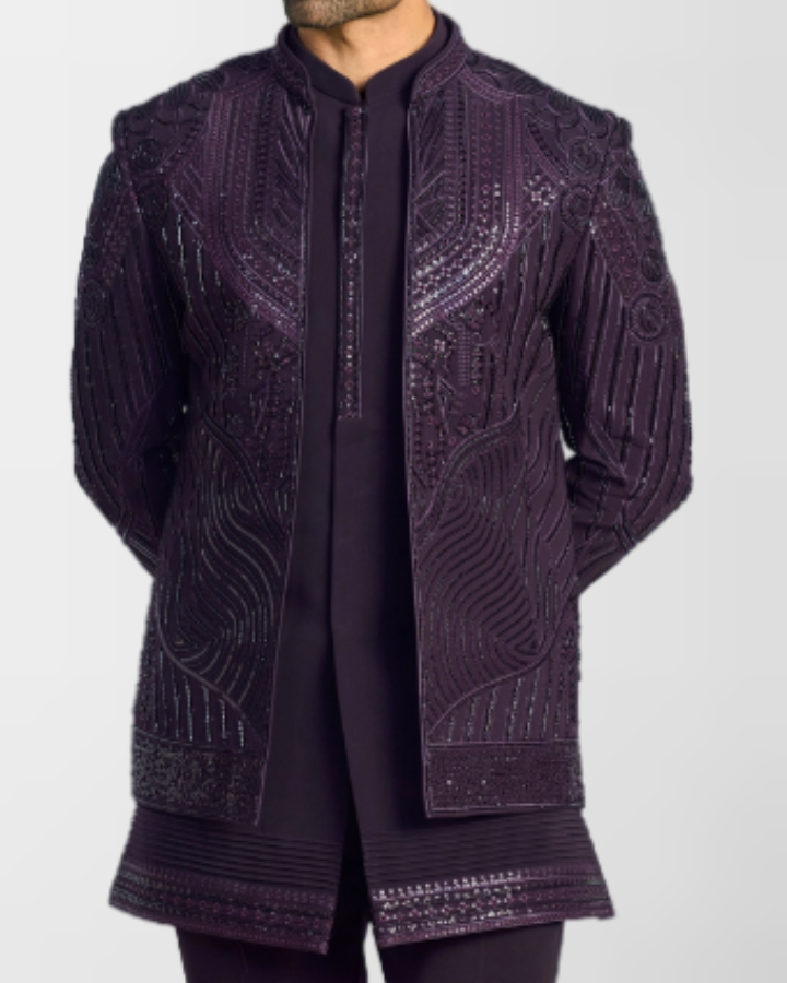 Wine Embroidered Indo-Western Sherwani Set
