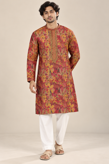 Maroon Floral Printed Designer Kurta with Embroidered Placket