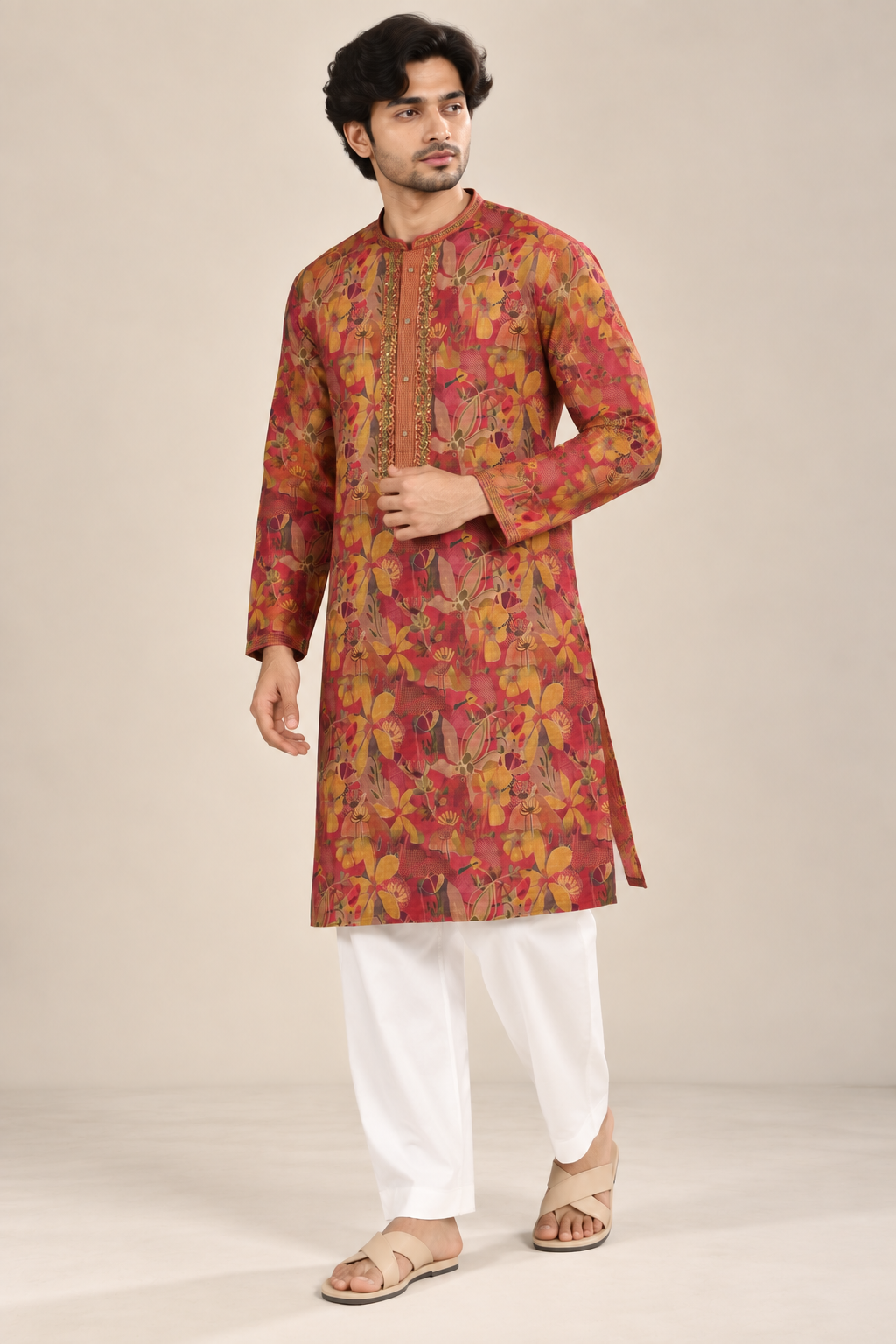 Maroon Floral Printed Designer Kurta with Embroidered Placket