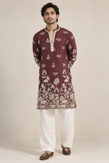 Maroon Hand-Embroidered Inspired Kurta with Ivory Print & Border