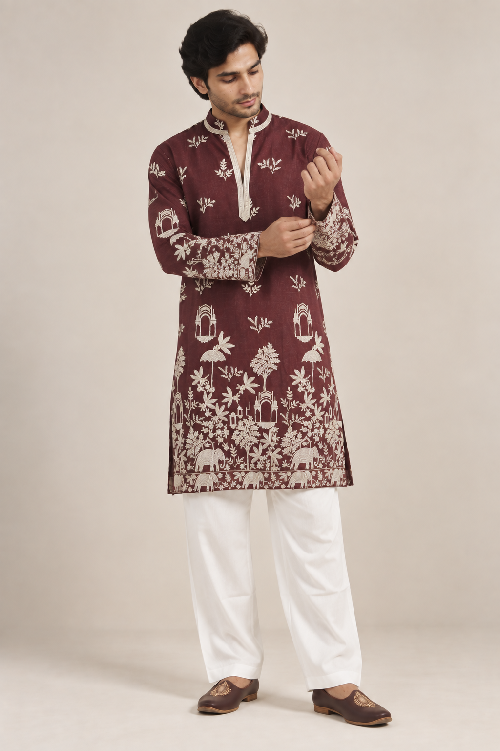 Maroon Hand-Embroidered Inspired Kurta with Ivory Print & Border