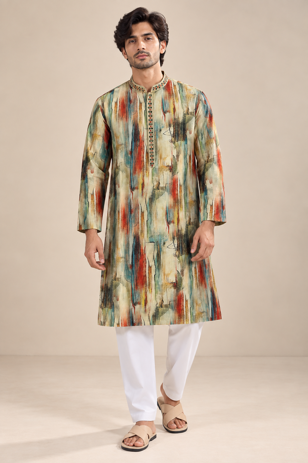 Multicolour Abstract Printed Designer Kurta with Embroidered Placket