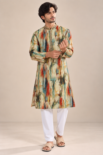 Multicolour Abstract Printed Designer Kurta with Embroidered Placket