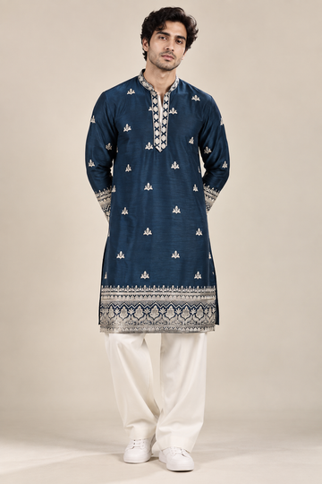 Navy Blue Designer Kurta with Ivory Heritage Border