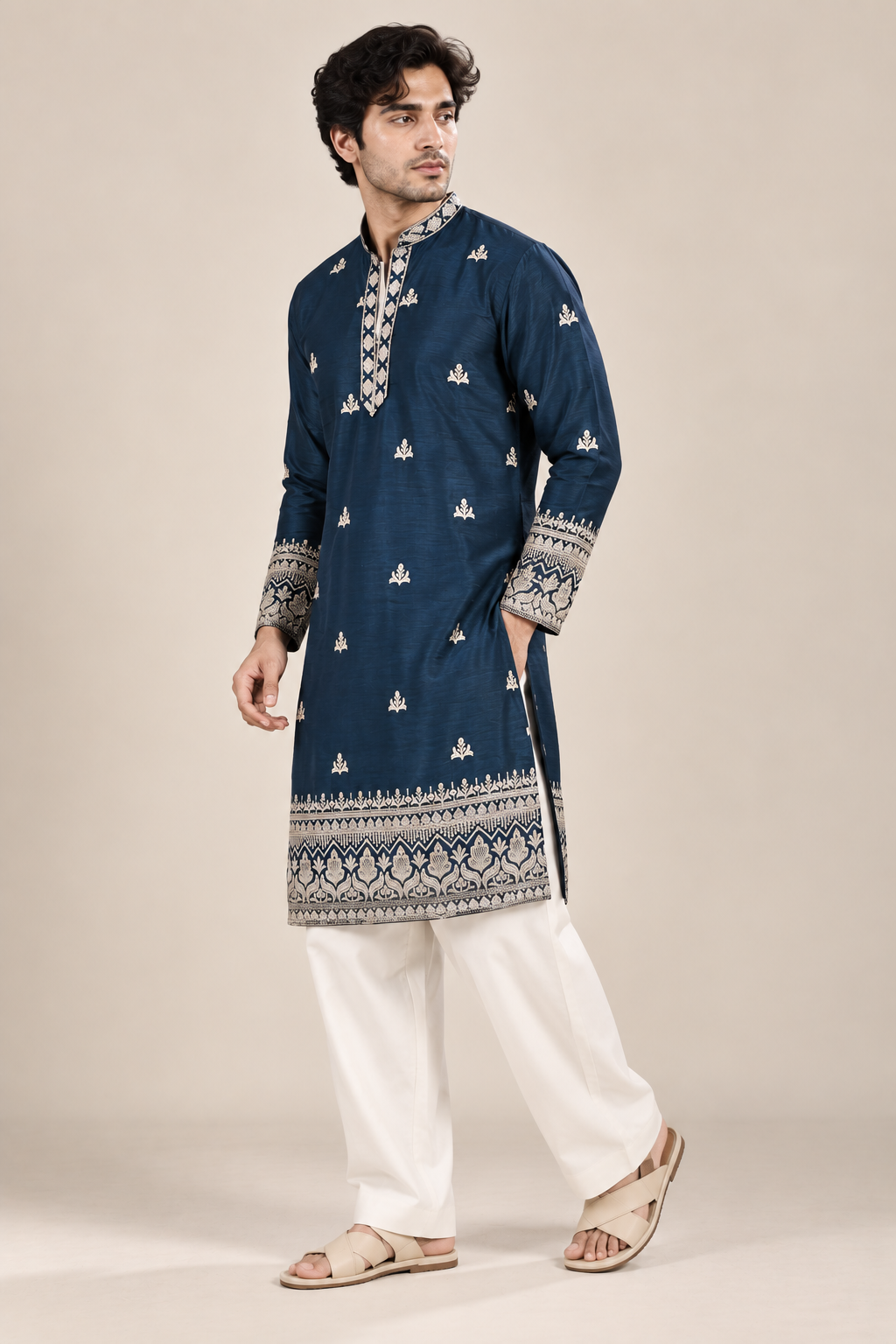 Navy Blue Designer Kurta with Ivory Heritage Border