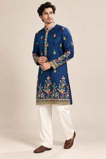Navy Blue Embroidered Designer Kurta with Multicolour Floral Border