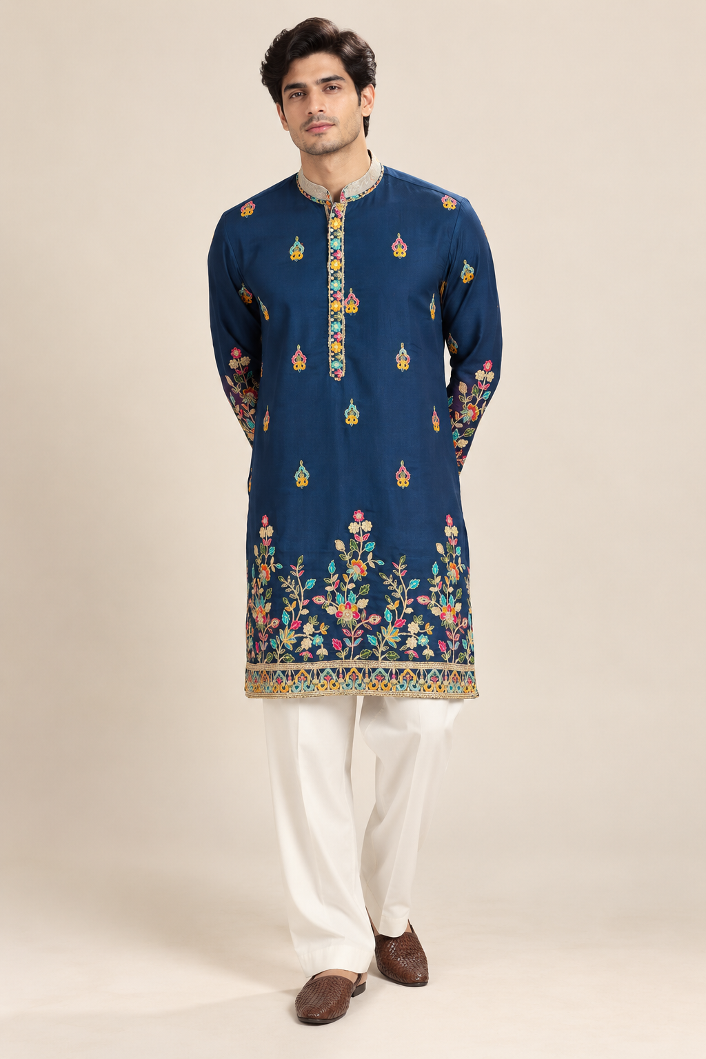 Navy Blue Embroidered Designer Kurta with Multicolour Floral Border