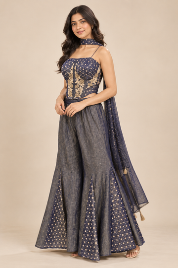 Navy Blue Embroidered Indo-Western Set with Palazzo Pants & Dupatta