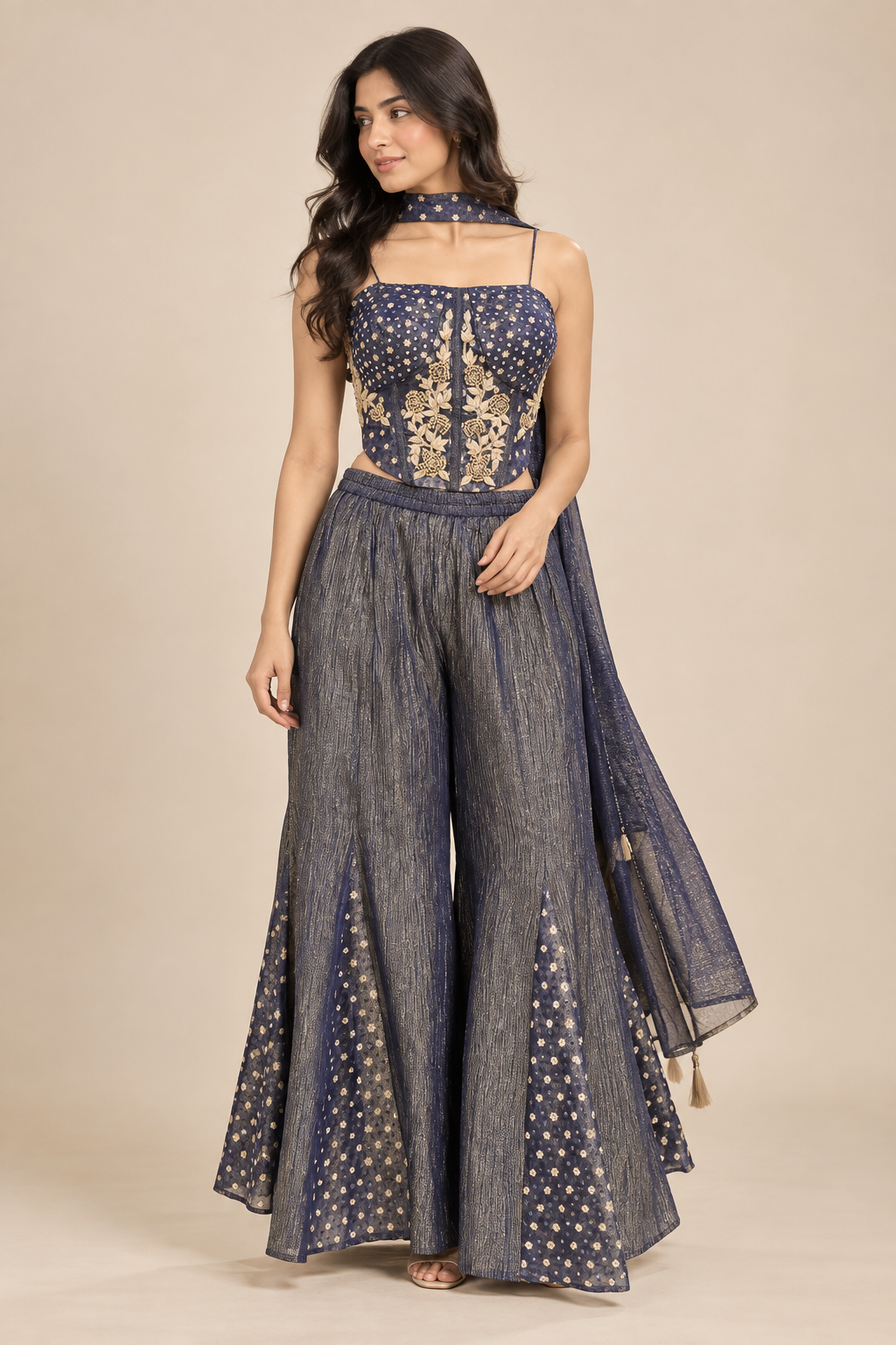 Navy Blue Embroidered Indo-Western Set with Palazzo Pants & Dupatta
