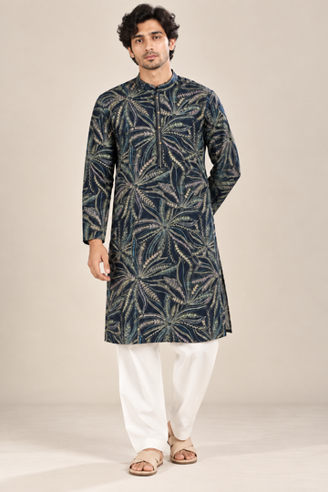 Navy Blue Printed Designer Kurta