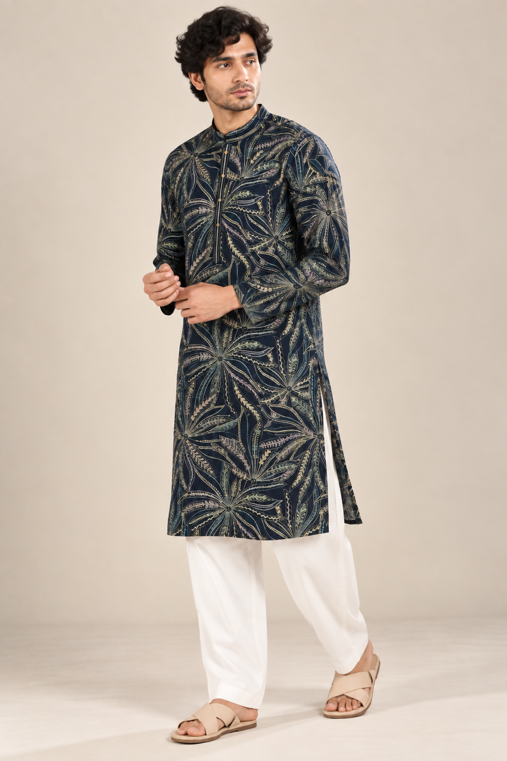Navy Blue Printed Designer Kurta