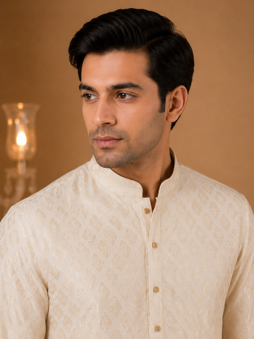 Off White Printed Jacquard Festive Kurta