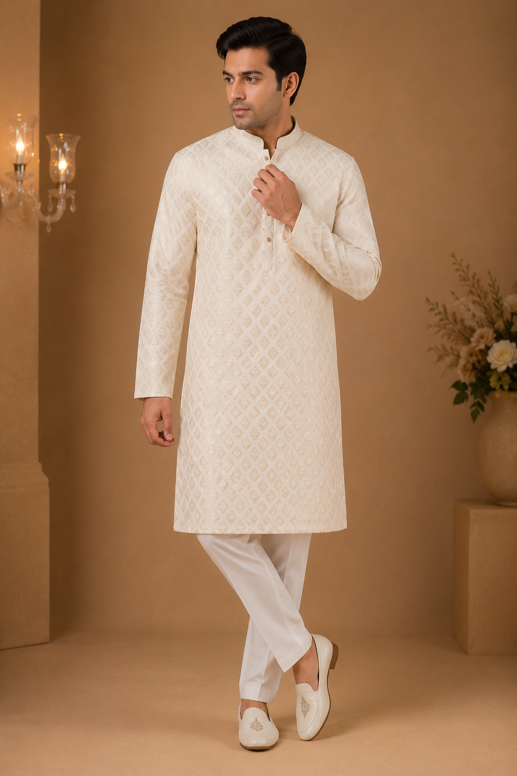 Off White Printed Jacquard Festive Kurta