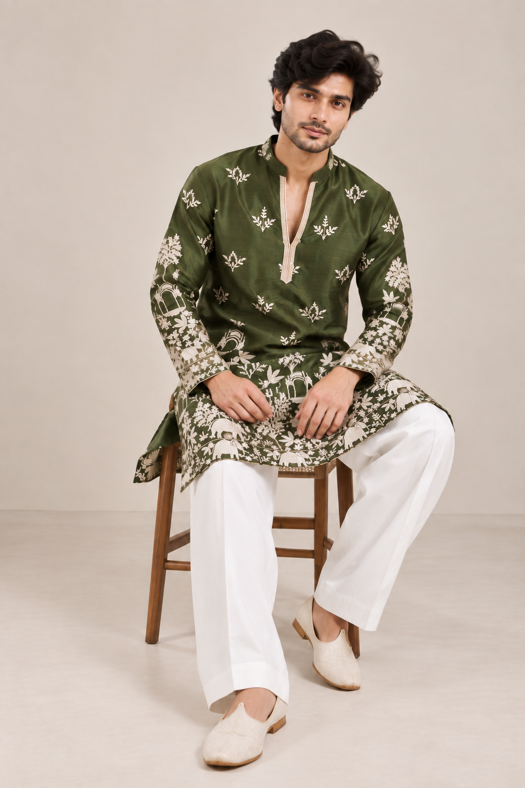 Olive Green Designer Kurta with Ivory Heritage Print