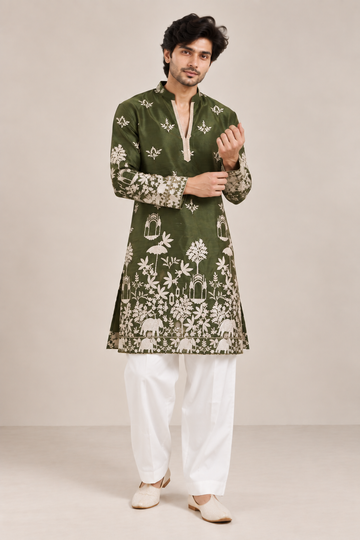 Olive Green Designer Kurta with Ivory Heritage Print