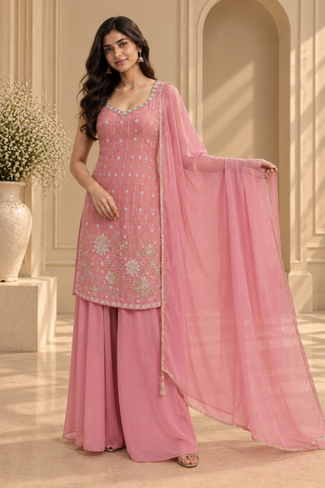 Pink Bids Embroidered Palazzo Set