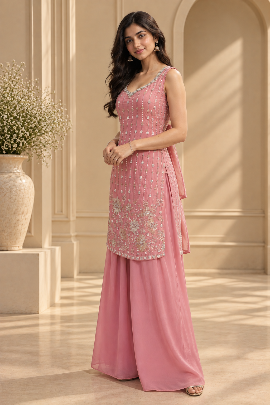 Pink Bids Embroidered Palazzo Set