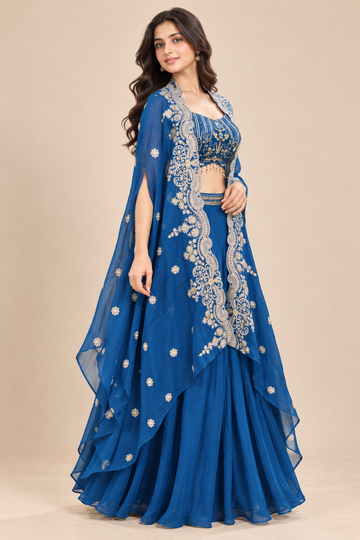 Royal Blue Embroidered Indo-Western Lehenga Set with Cape Dupatta