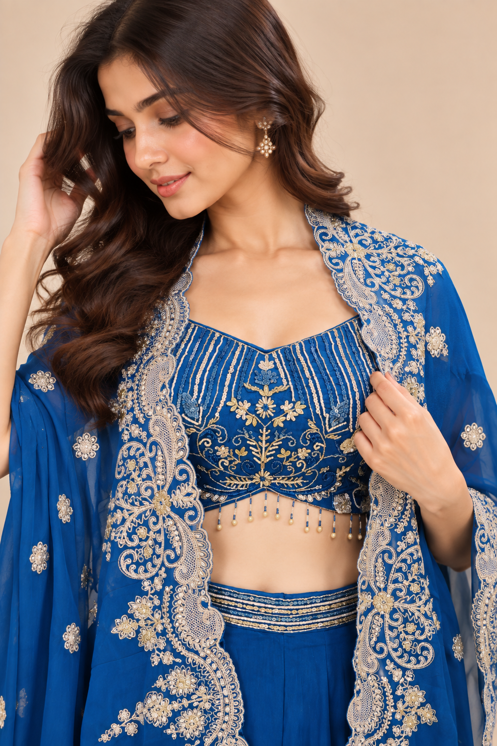 Royal Blue Embroidered Indo-Western Lehenga Set with Cape Dupatta