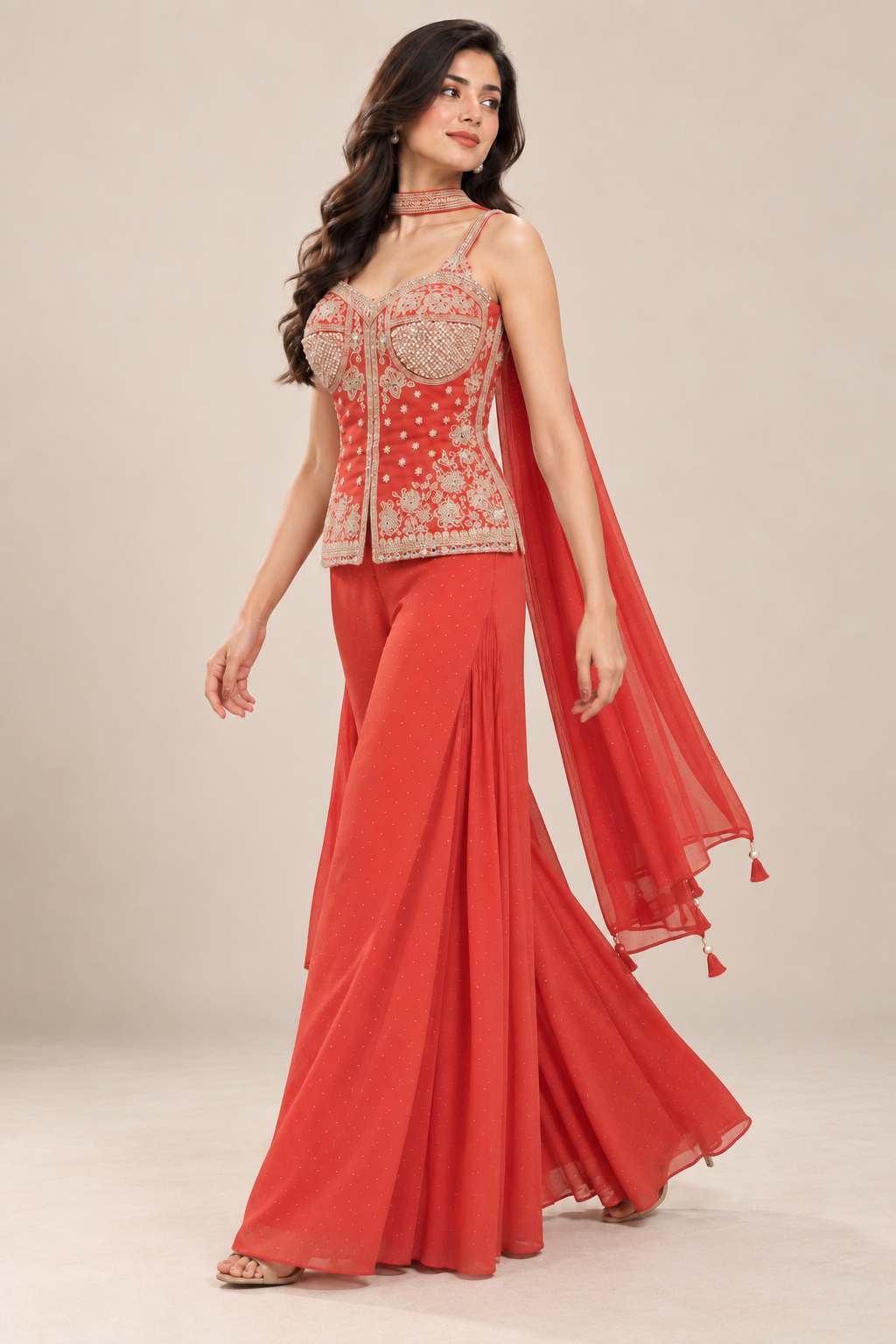 Rust Embroidered Corset Top with Palazzo Pants & Dupatta