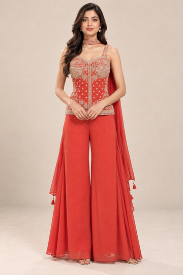 Rust Embroidered Corset Top with Palazzo Pants & Dupatta