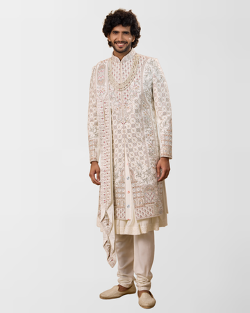 Ivory Multi-Thread Hand-Embroidered Royal Sherwani