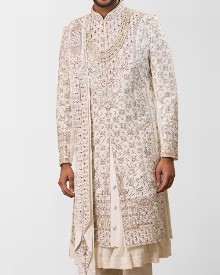 Ivory Multi-Thread Hand-Embroidered Royal Sherwani