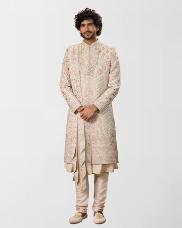 Ivory Multithread Hand-Embroidered Groom Sherwani Set
