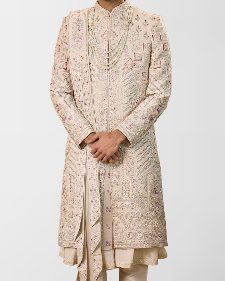 Ivory Multithread Hand-Embroidered Groom Sherwani Set