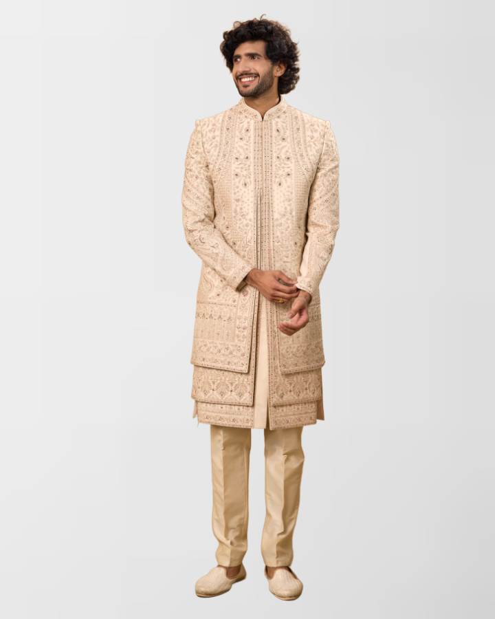 Ivory Hand-Embroidered Multi-Panel Sherwani