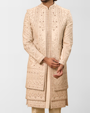 Ivory Hand-Embroidered Multi-Panel Sherwani