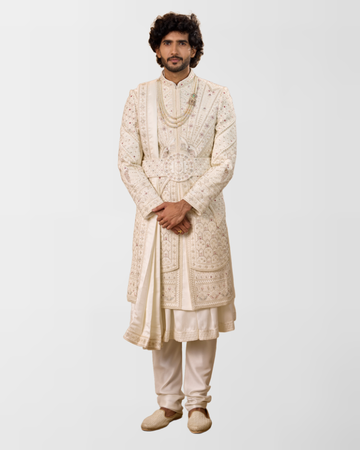 Ivory Heavy Hand-Embroidered Royal Wedding Sherwani