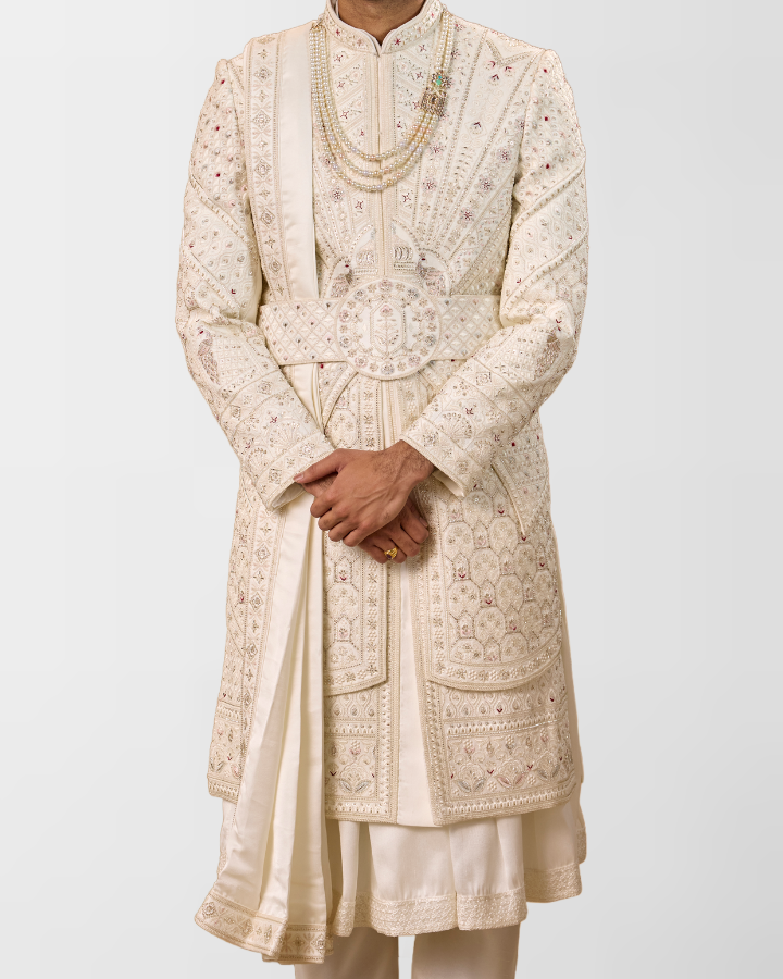 Ivory Heavy Hand-Embroidered Royal Wedding Sherwani
