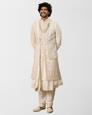 Ivory Multi-Thread Handcrafted Royal Groom Sherwani Set