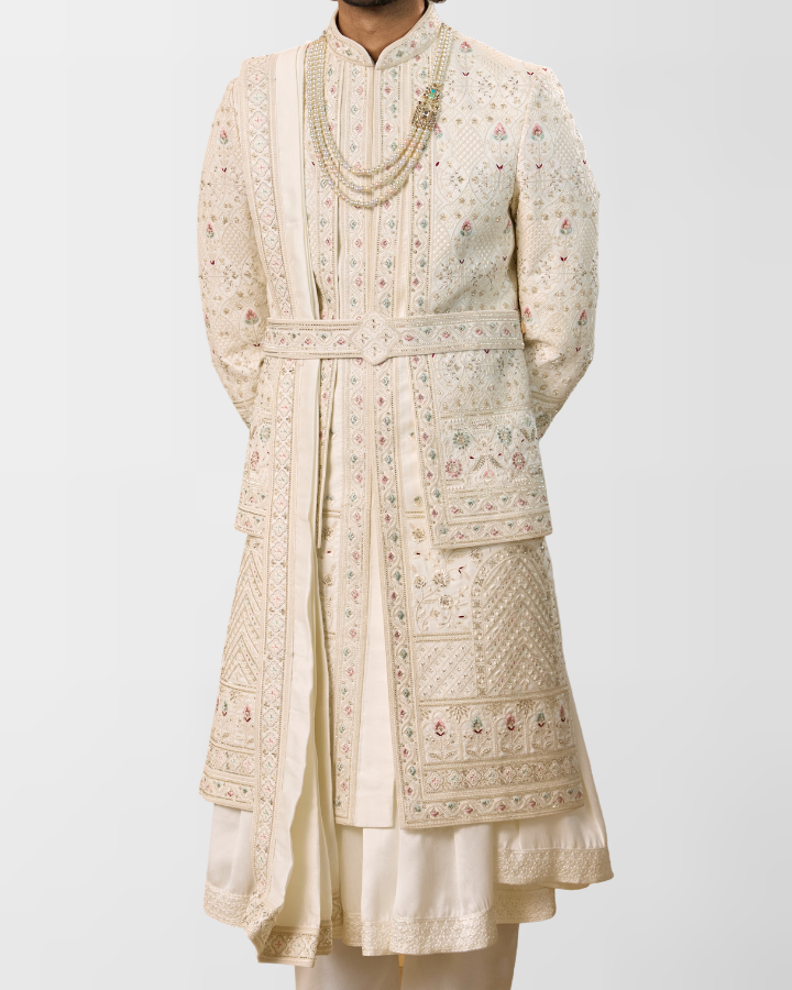 Ivory Multi-Thread Handcrafted Royal Groom Sherwani Set