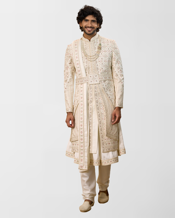 Ivory Pastel Hand-Embroidered Regal Groom Sherwani Set