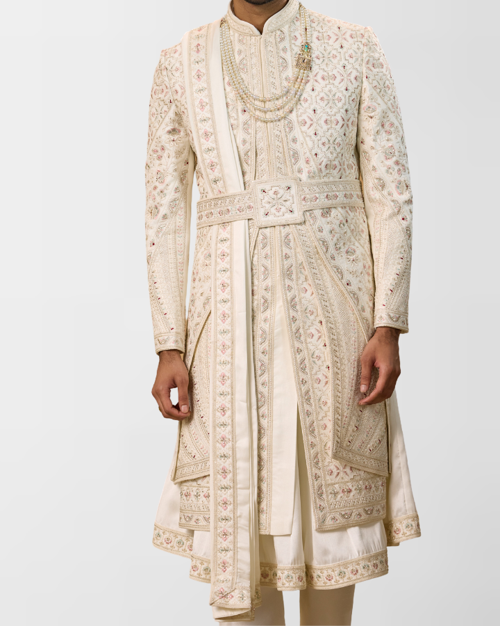 Ivory Pastel Hand-Embroidered Regal Groom Sherwani Set
