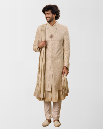 Ivory Textured Hand-Embroidered Groom Sherwani