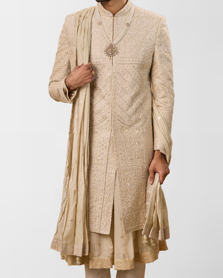 Ivory Textured Hand-Embroidered Groom Sherwani
